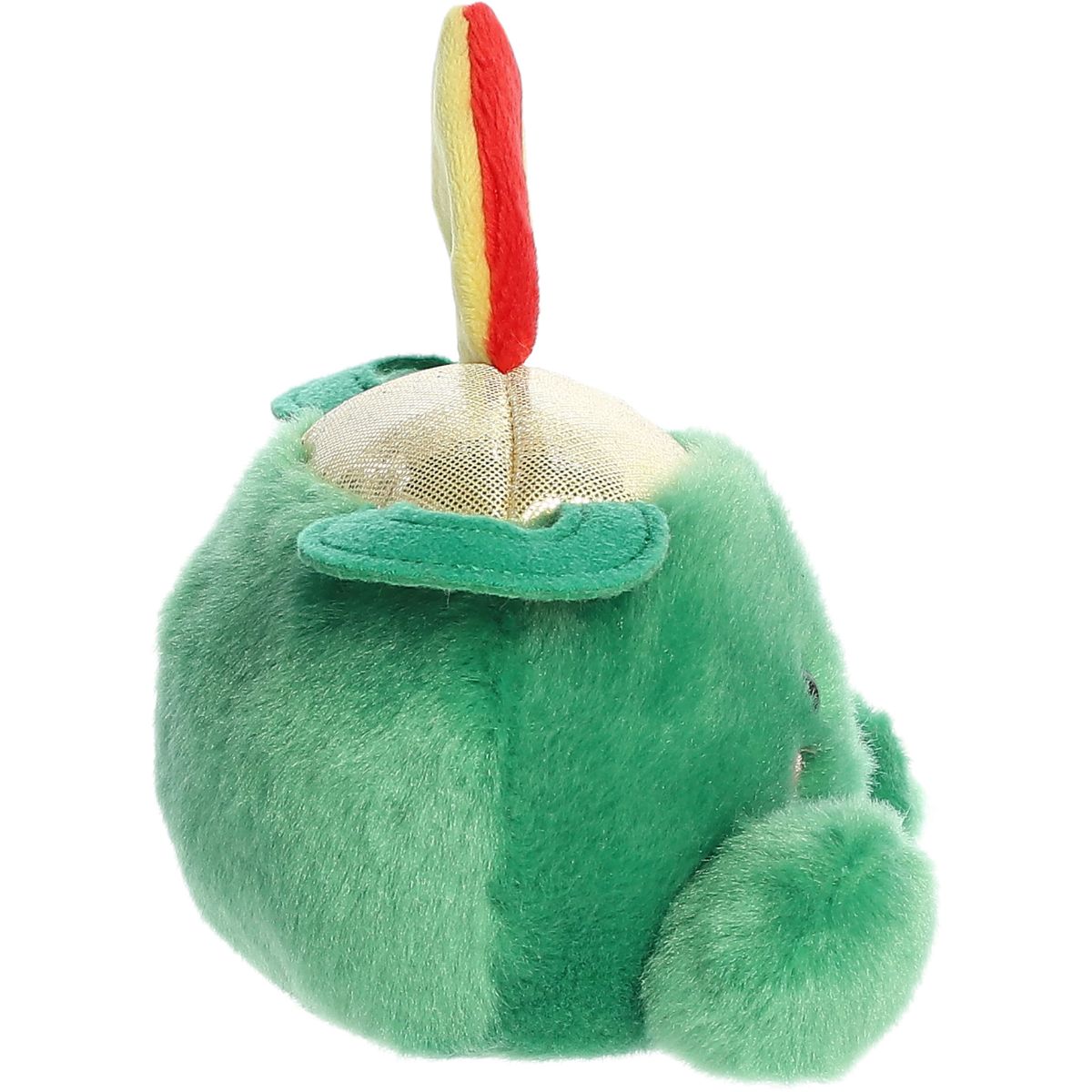 Side profile view of the Ciara Pot of Gold plush highlighting the arc of the rainbow and its round green body.