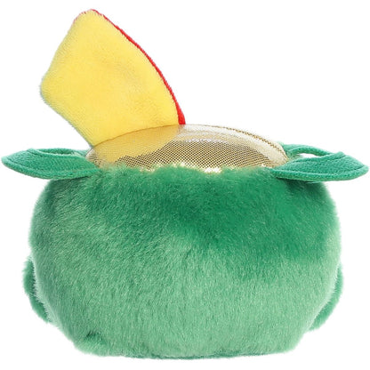 Direct back view of the pot of gold stuffed toy highlighting the back of the rainbow and the green pot handles.