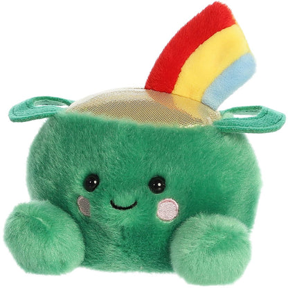 Slightly angled front view of the soft Ciara Pot of Gold plush sitting upright with its little green feet showing.