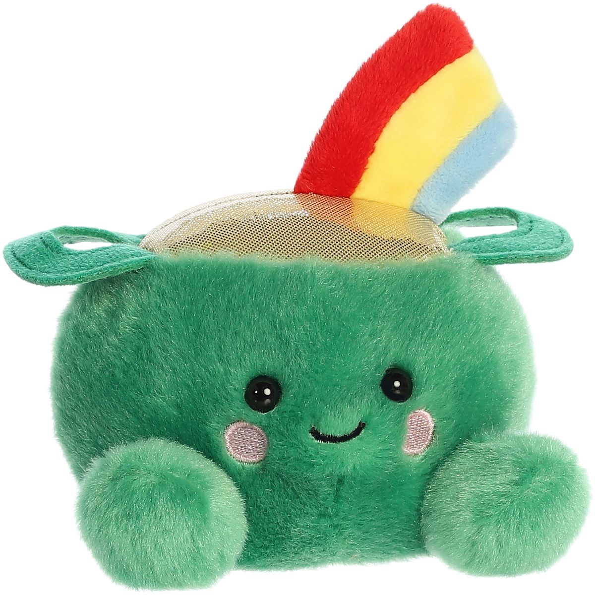 Angled front view of the 5-inch Aurora Palm Pals Ciara Pot of Gold plush sitting, showing its green body, shiny top, and rainbow.