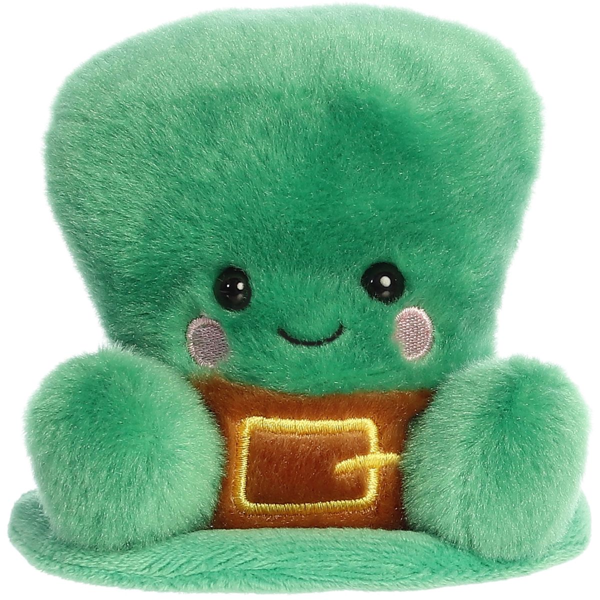 Front view thumbnail of the cute green Finnigan Leprechaun Hat plush sitting straight, highlighting its friendly expression and rosy pink blushing cheeks.