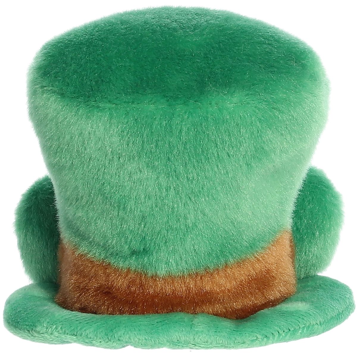 Rear thumbnail view of the Aurora leprechaun hat stuffed toy displaying its smooth, solid emerald green plush back and brown hatband.
