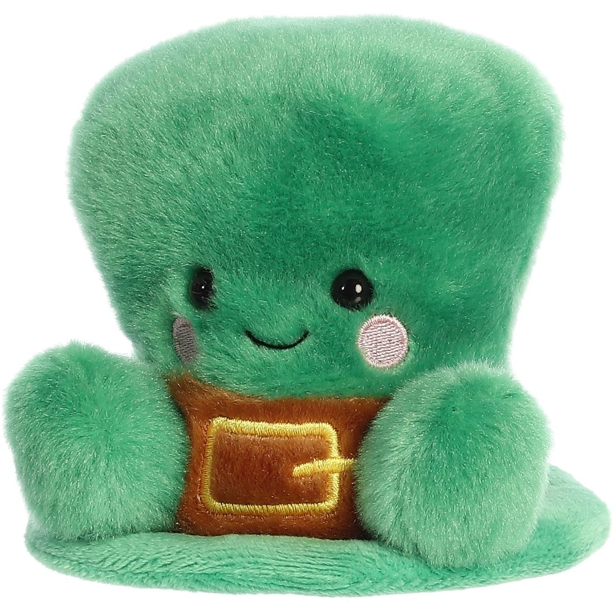 Angled front view thumbnail of the smiling green holiday plush showcasing its soft, huggable texture.
