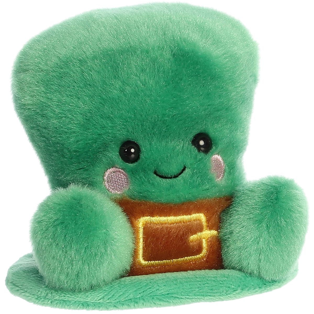 Aurora 5-inch Palm Pals Finnigan Leprechaun Hat plush toy showing its emerald green top hat shape, brown band with gold buckle, small plush feet, and smiling face.