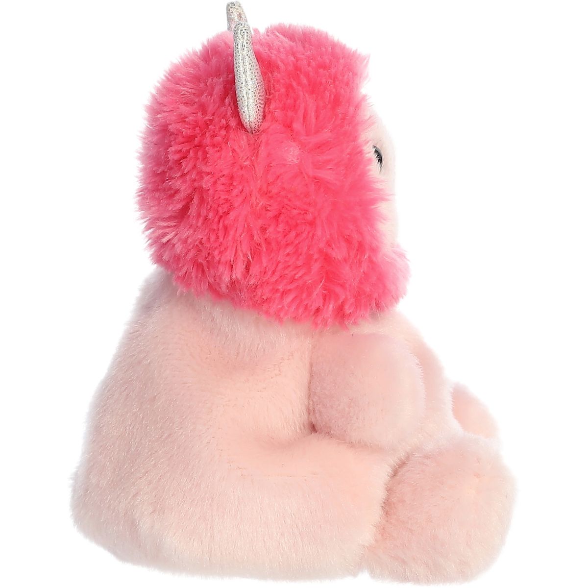 Side profile thumbnail of the mini love monster plush showcasing the contrast between the shaggy pink mane and soft pink body.