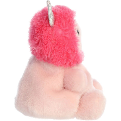 Side profile thumbnail of the mini love monster plush showcasing the contrast between the shaggy pink mane and soft pink body.