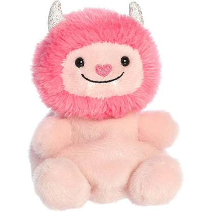 Aurora 5-inch Palm Pals Susan Love Monster plush toy showing its light pink body, fluffy hot pink mane, silver horns, and embroidered heart nose.