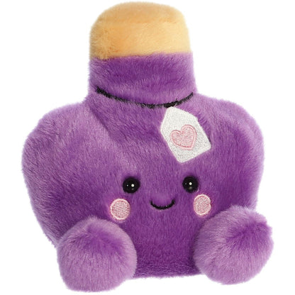 Aurora 5-inch Palm Pals Naya Love Potion plush toy showing its purple bottle-shaped body, tan cork top, hanging white heart tag, and smiling face.