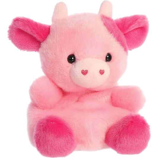 Front view of the 5-inch Aurora Palm Pals Blossom Pink Cow plush toy featuring a pastel pink body, hot pink spots, and heart-shaped nostrils.