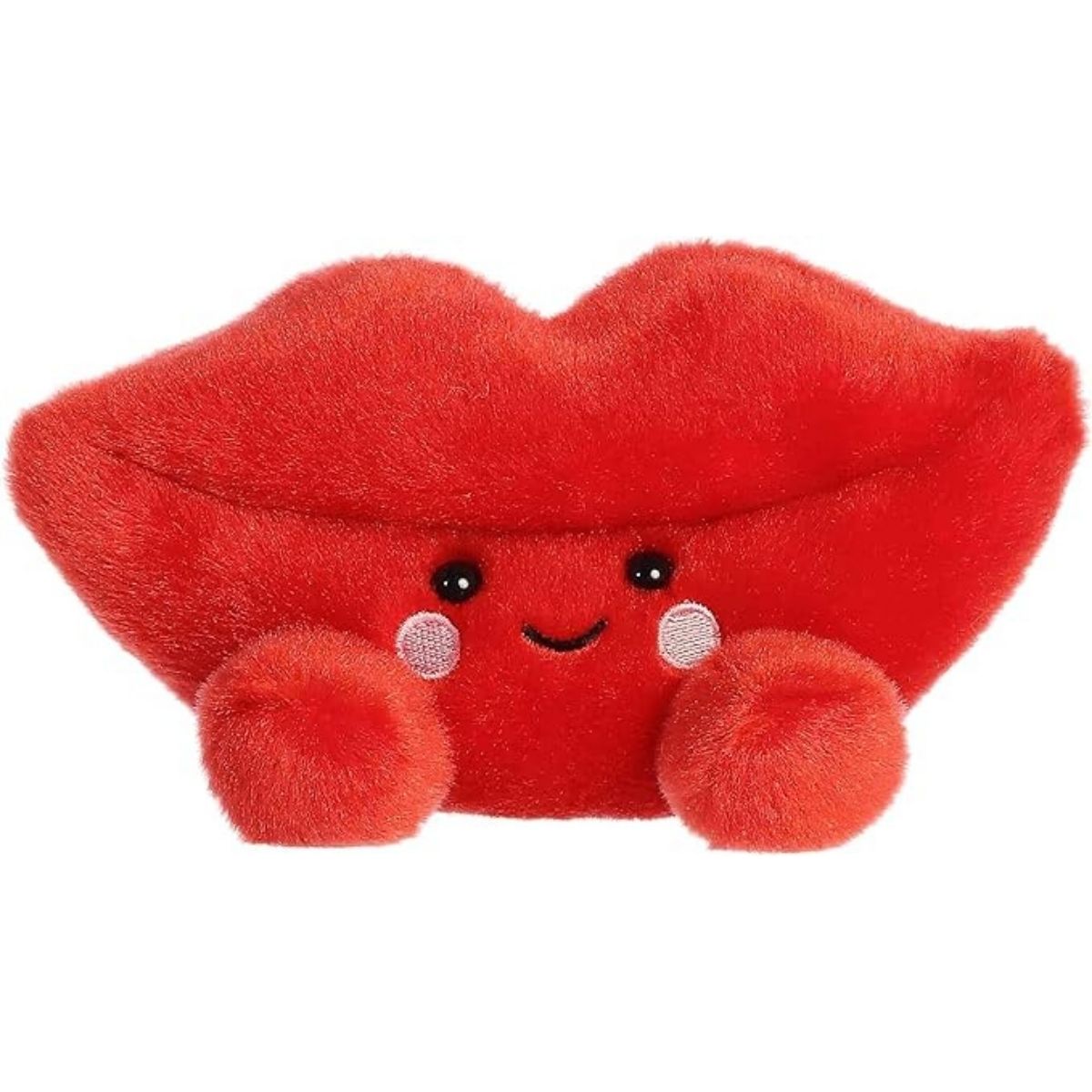 Straight front view of the sitting red lip plush showing its plump shape, black dot eyes, and little plush feet.