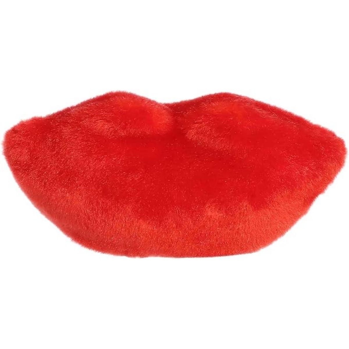 Back view of the Aurora lips plush showcasing its soft, bright red plush fabric.