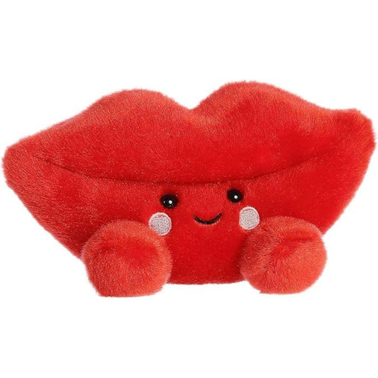Front view of the 5-inch Aurora Palm Pals Kissie Lips plush toy featuring a bright red lip shape with a sweet smiling face and rosy cheeks.
