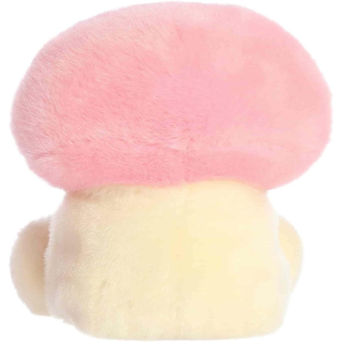 Sizing graphic showing the 5-inch Palm Pals Brooklyn Mushroom plush sitting perfectly in the palm of a hand to demonstrate its small scale.