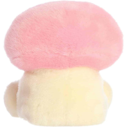 Sizing graphic showing the 5-inch Palm Pals Brooklyn Mushroom plush sitting perfectly in the palm of a hand to demonstrate its small scale.