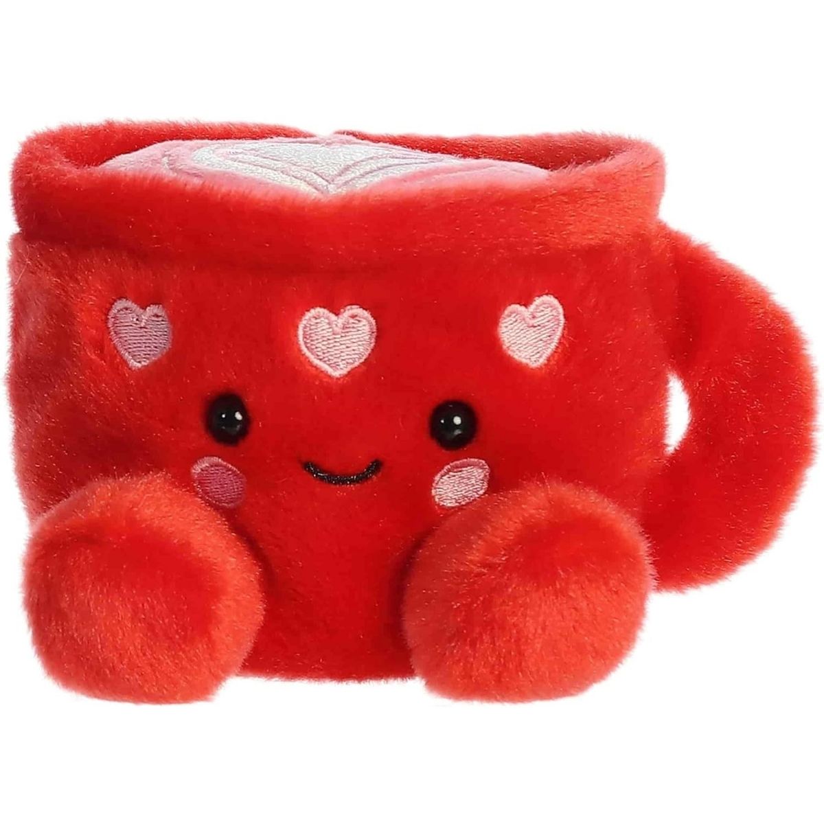 Straight front view of the sitting red latte mug plush showing its sweet embroidered face, rosy cheeks, and plush mug handle.