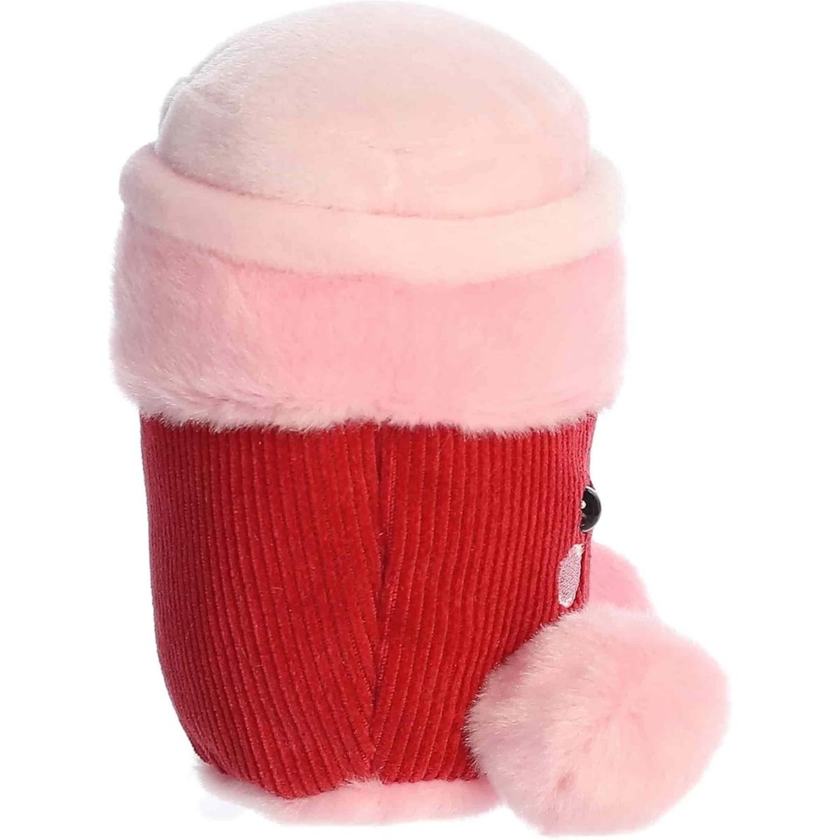 Side profile view of the Palm Pals Parker Heart Coffee plush highlighting its plump, rounded shape and the fluffy texture of its pink lid.