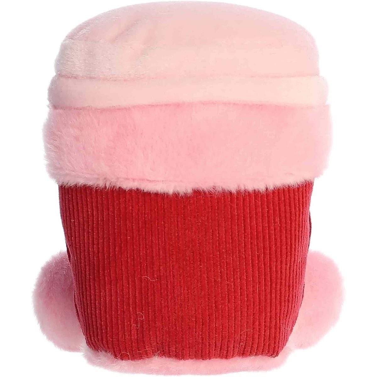 Back view of the Aurora coffee cup plush showcasing its bright red ribbed texture and soft pink accents.