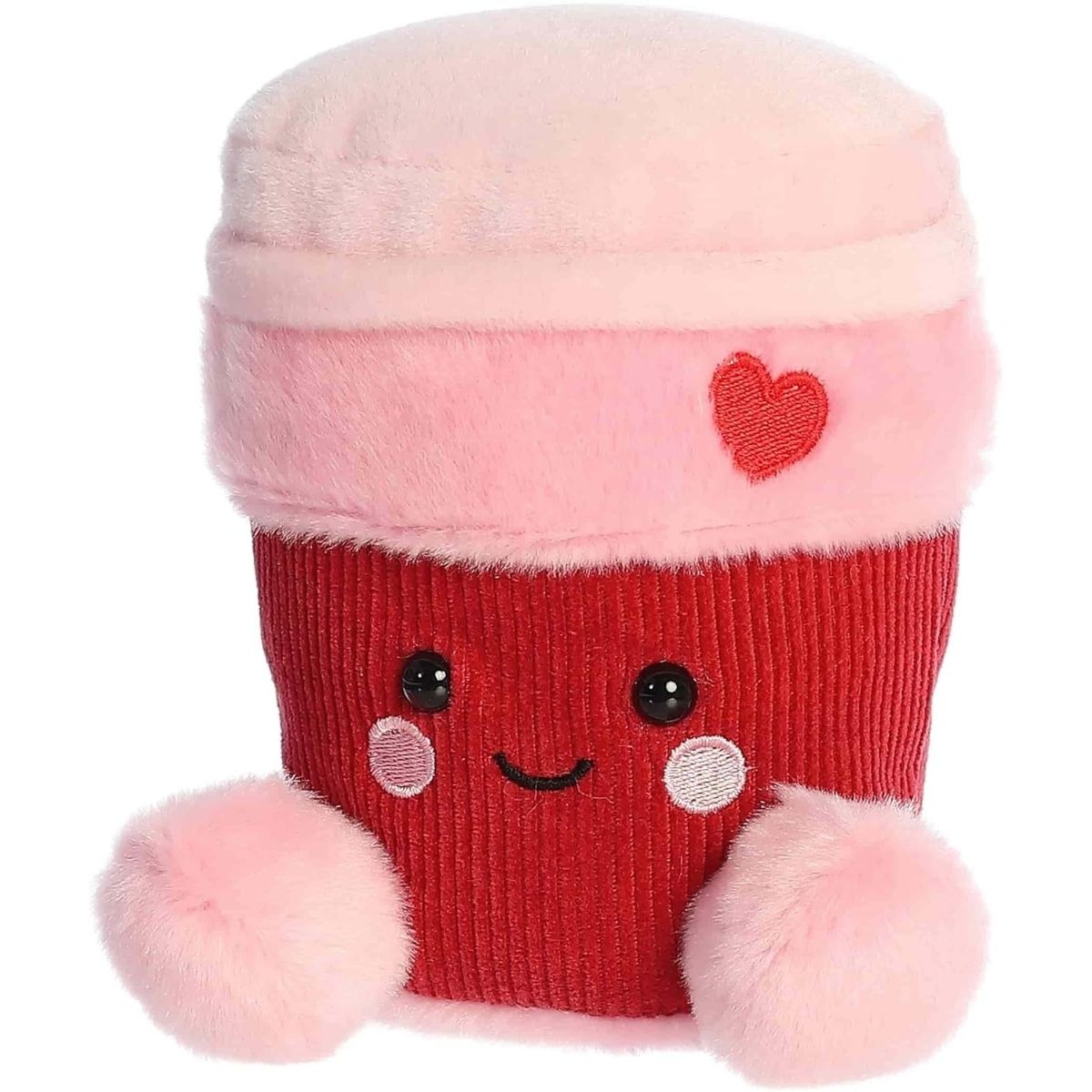 Angled front view of the smiling Parker Heart Coffee plush sitting happily on its little plush bottom.