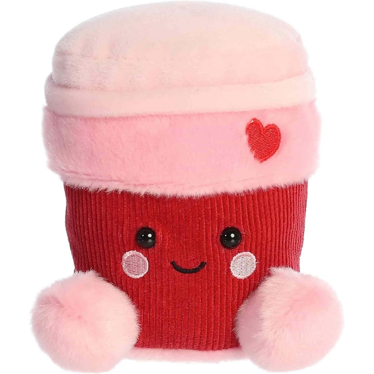 Front view of the 5-inch Aurora Palm Pals Parker Heart Coffee plush toy featuring a red ribbed cup, pink sleeve with a red heart, and a smiling face.
