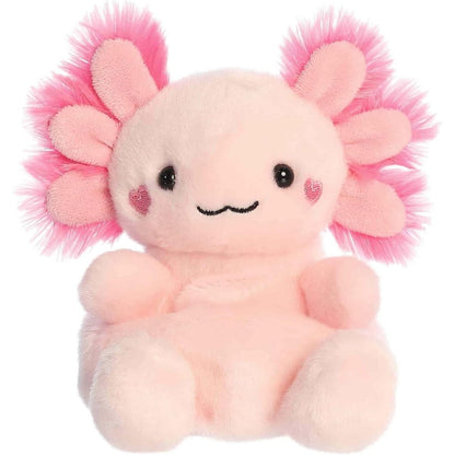 Front view of the Aurora Palm Pals 5-inch Xena Love Axolotl plush sitting upright, showing its pastel pink body, fluffy hot pink gills, and heart-shaped cheeks.