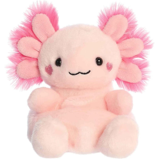 Front view of the Aurora Palm Pals 5-inch Xena Love Axolotl plush sitting upright, showing its pastel pink body, fluffy hot pink gills, and heart-shaped cheeks.