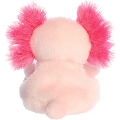 Back view of the Aurora Palm Pals axolotl plush toy showing its solid soft pink back and the back of its bright pink fluffy gills.