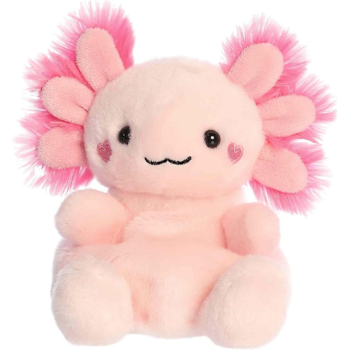 Angled view of the sweet Palm Pals Xena Love Axolotl plush looking slightly to the left.