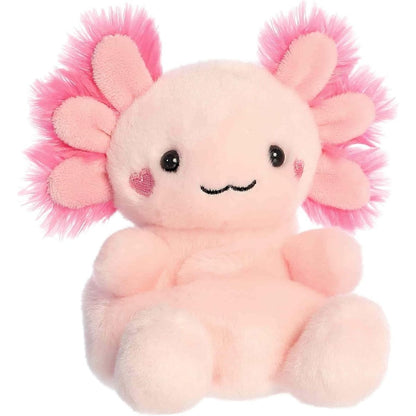 Angled front view of the adorable Aurora Xena Love Axolotl stuffed animal featuring a sweet smile, dark eyes, and cute pink heart cheeks.