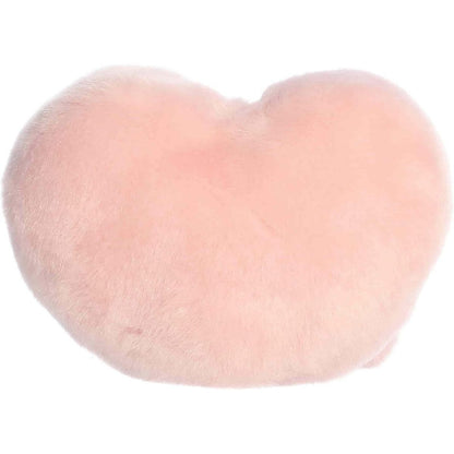 Back view of the Aurora heart plush showcasing its soft, pale pink plush texture.
