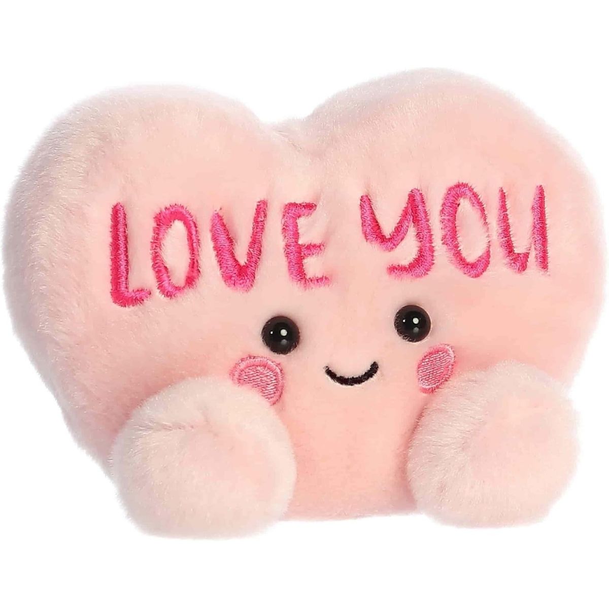 Front view of the 5-inch Aurora Palm Pals Love You Candy Heart plush toy featuring a pale pink heart shape with dark pink LOVE YOU text and a smiling face.
