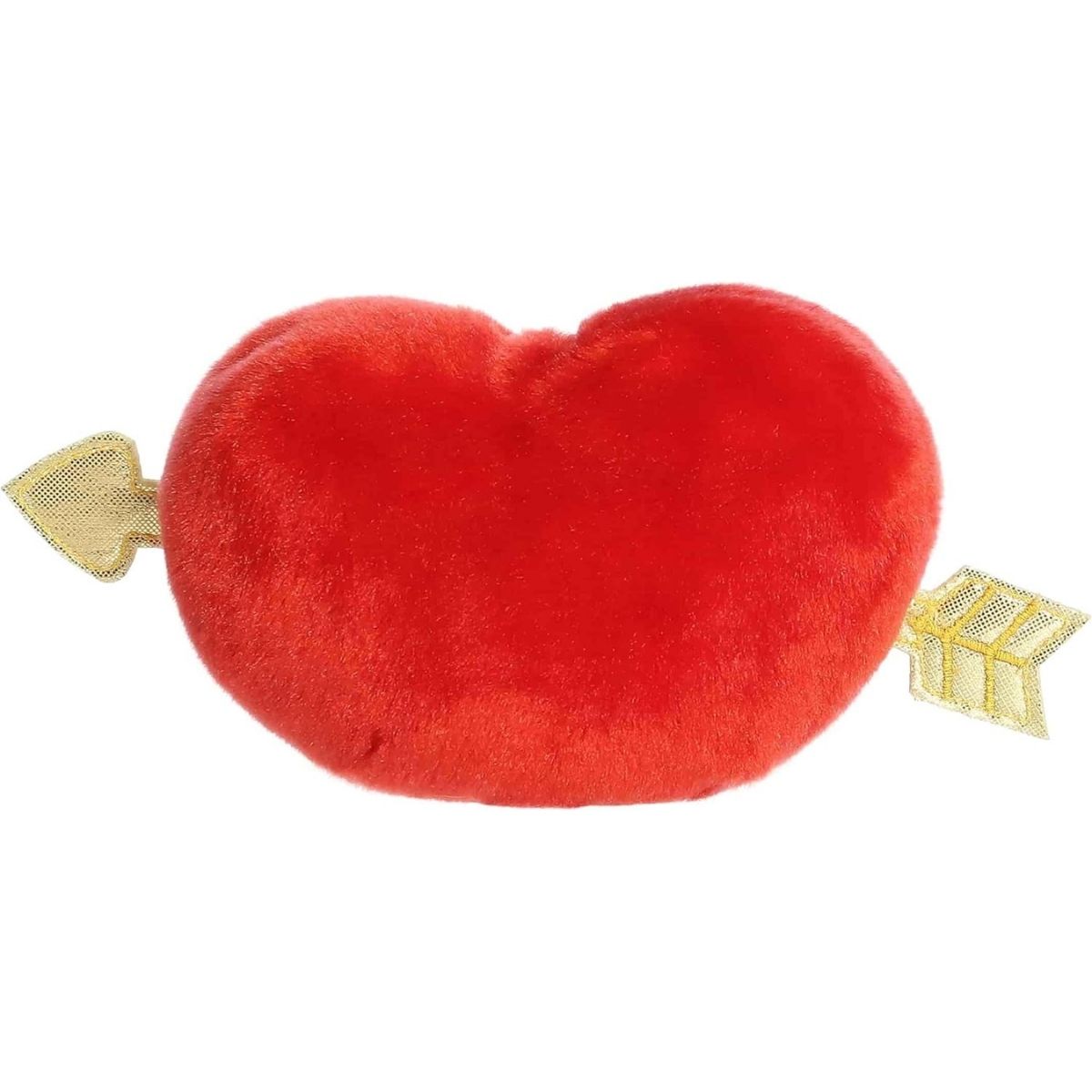 Back view of the Aurora heart plush showcasing its soft, bright red plush texture and the sparkling gold arrow.