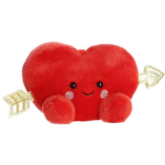 Front view of the 5-inch Aurora Palm Pals Romeo Cupid Heart plush toy featuring a bright red heart shape pierced by a sparkly gold arrow.