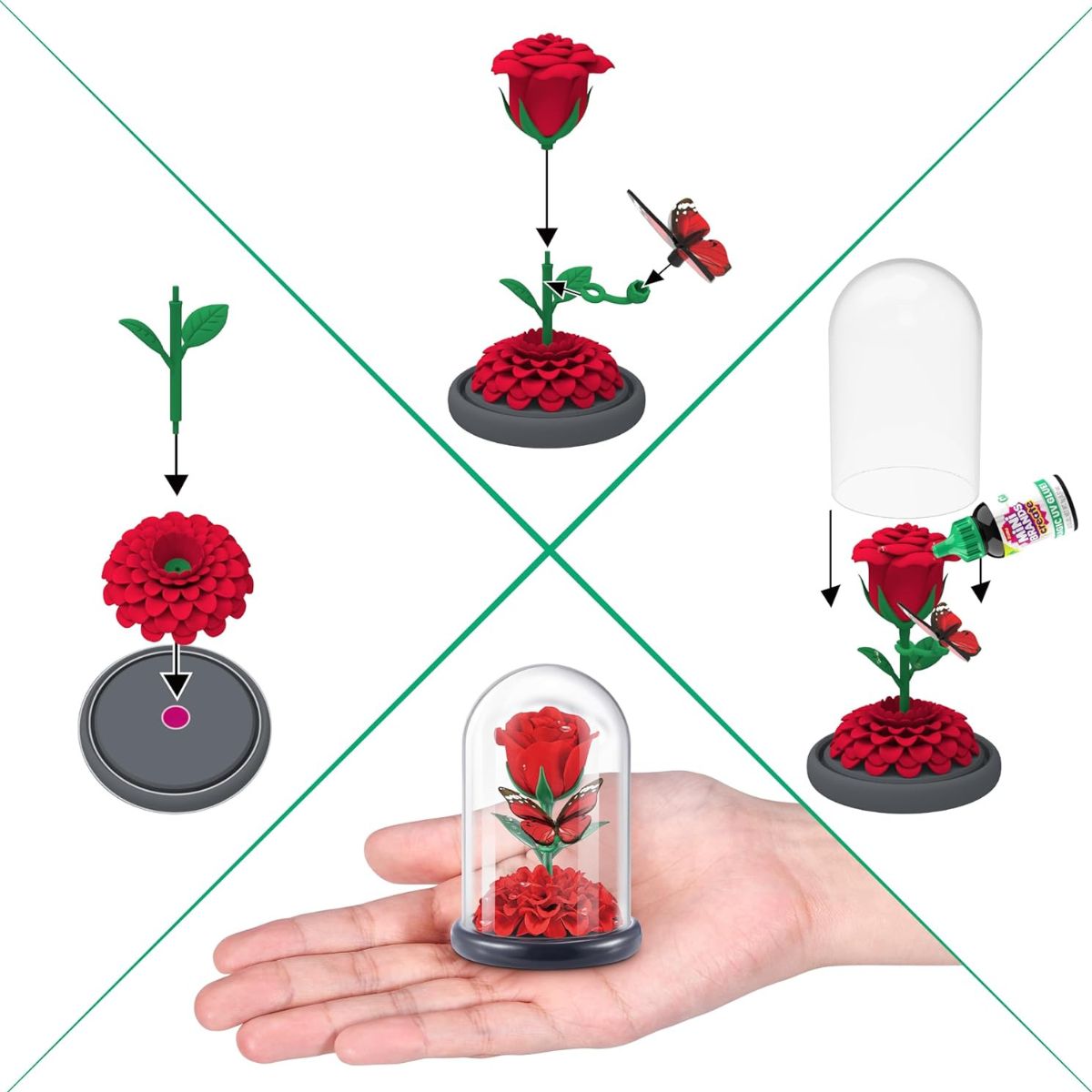 A multi-pane demonstration graphic showing how to assemble a tiny red rose inside a clear plastic display dome.