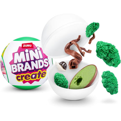 ZURU Mini Brands Create Garden Series 1 capsule bursting open to reveal pieces of a miniature bonsai tree assembly kit.