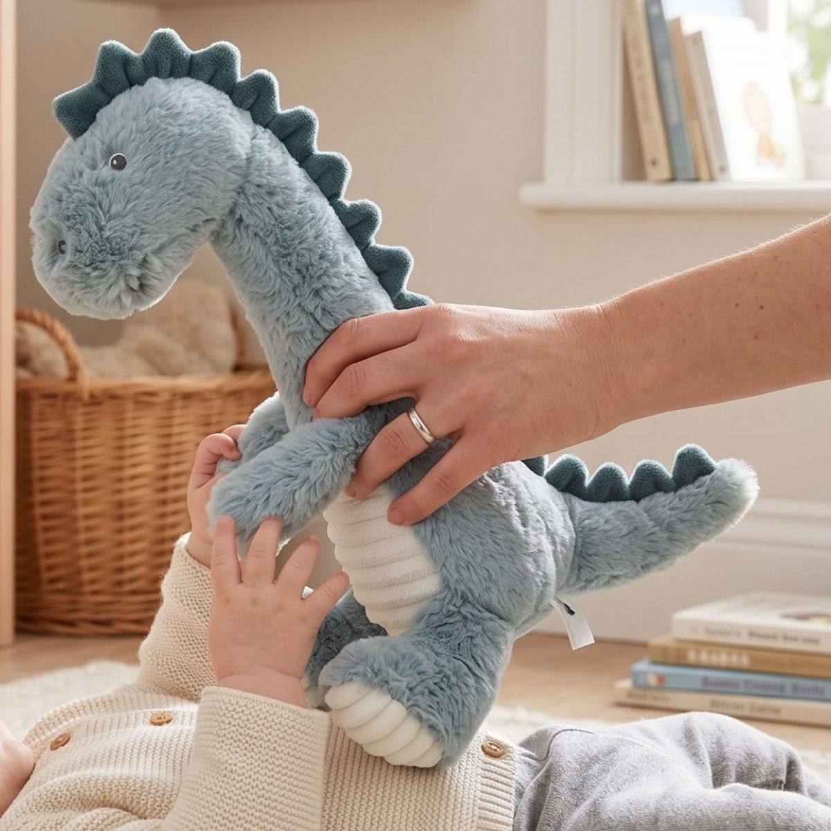 An adult's hands lifting the Happy Horse Dino Don blue plush toy over a baby laying down in a cozy nursery setting.