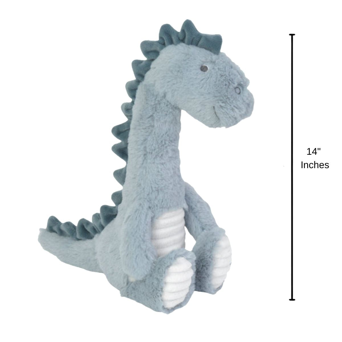 Happy Horse Dino Don plush dinosaur sitting upright with a 14-inch height indicator graphic next to it.