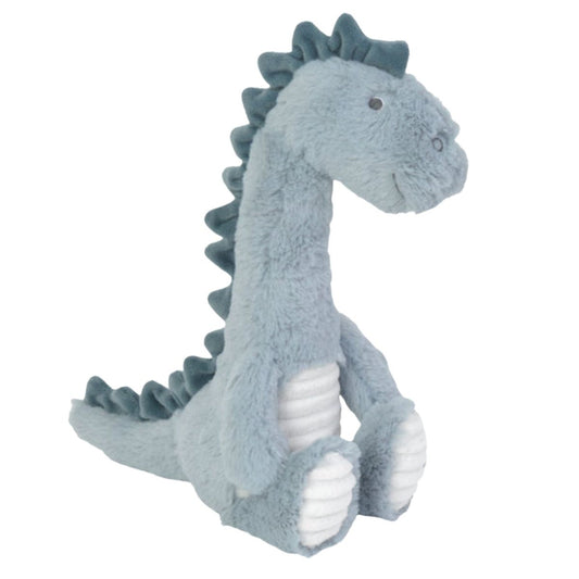 Happy Horse Dino Don slate blue plush stuffed animal dinosaur with a ribbed cream belly sitting against a white background.
