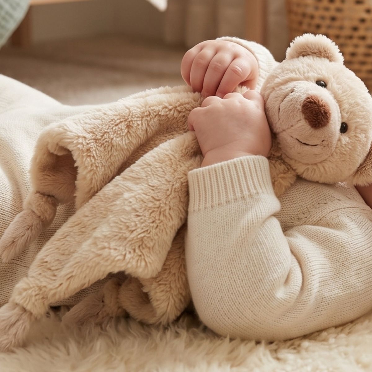 A baby cuddling the Happy Horse Bear Boogy cream plush teddy bear lovey closely while resting on a soft rug.