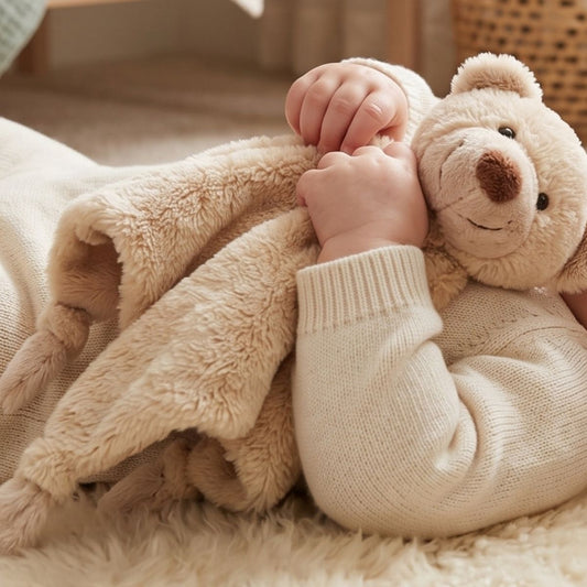 A baby cuddling the Happy Horse Bear Boogy cream plush teddy bear lovey closely while resting on a soft rug.