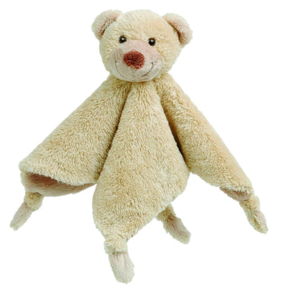 Happy Horse Bear Boogy warm cream plush security tuttle blanket with knotted corners and a sweet brown nose against a white background.