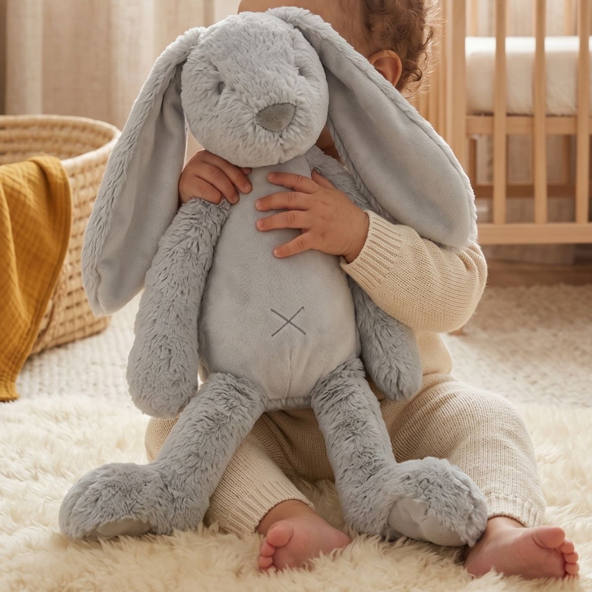 A toddler sitting on a soft shaggy rug in a nursery room, hugging the large Happy Horse Rabbit Richie grey plush toy.