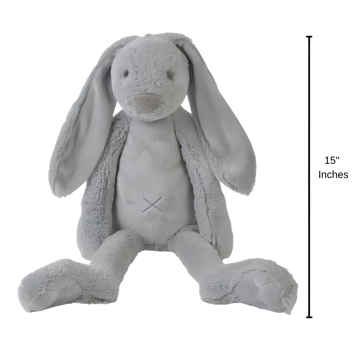 Happy Horse Rabbit Richie grey plush bunny sitting upright with a 15-inch height indicator graphic next to it.