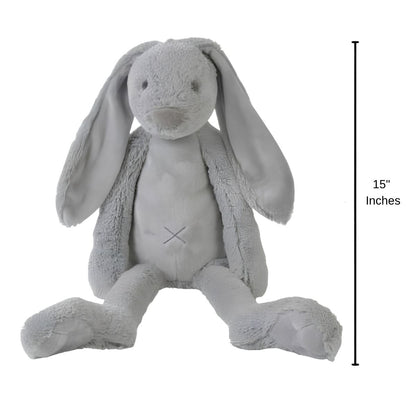 Happy Horse Rabbit Richie grey plush bunny sitting upright with a 15-inch height indicator graphic next to it.