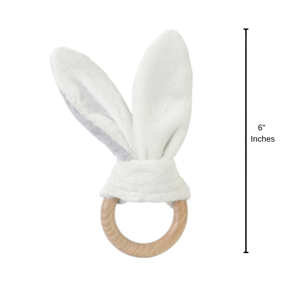 Happy Horse wooden bunny teether standing upright with a 6-inch height indicator graphic next to it.