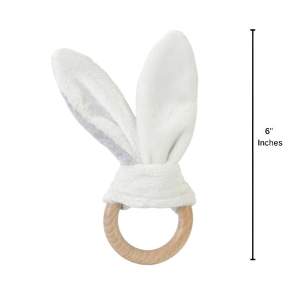 Happy Horse wooden bunny teether standing upright with a 6-inch height indicator graphic next to it.
