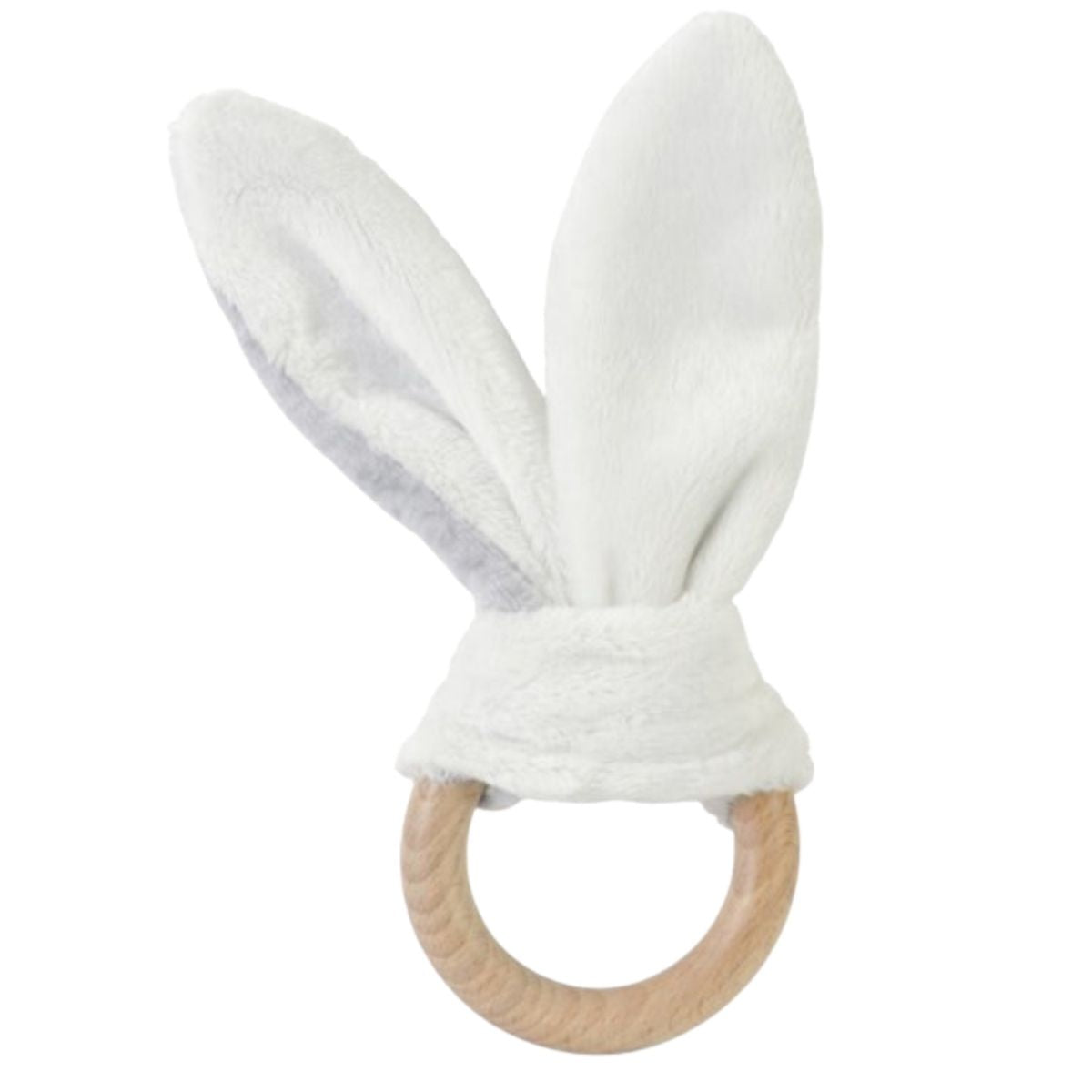 Happy Horse Classic Bunny natural wooden teething ring with soft white and grey plush bunny ears tied around it against a white background.