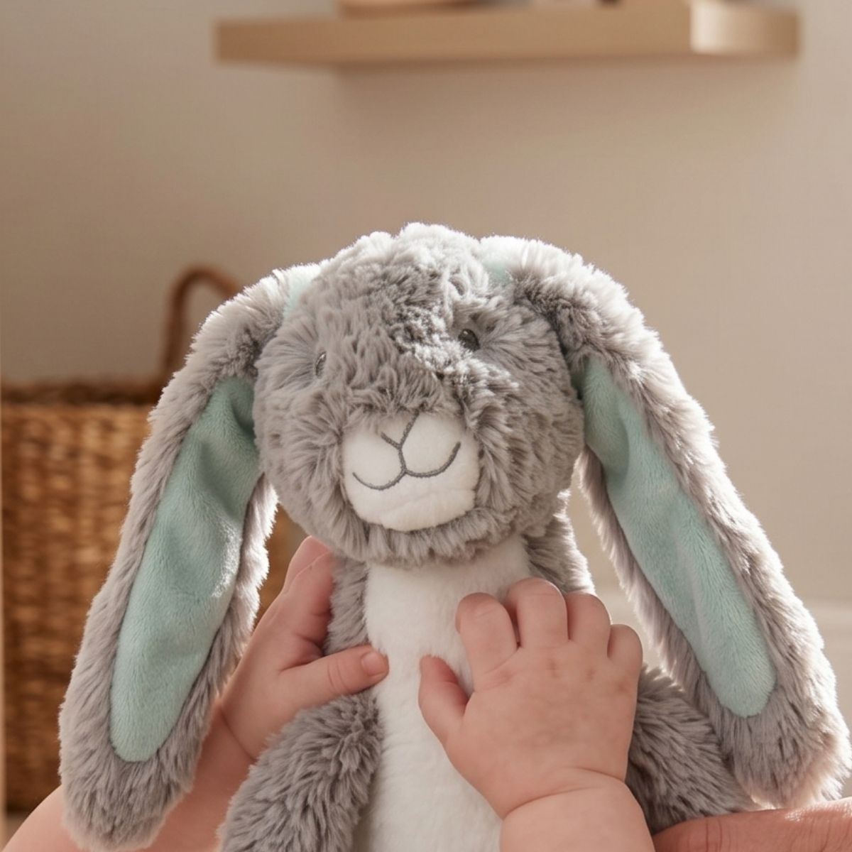 A baby's tiny hands reaching up to squeeze and play with the Happy Horse Rabbit Twine plush stroller activity toy.