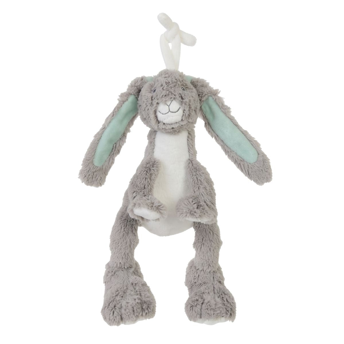 Happy Horse Rabbit Twine grey plush activity toy with mint green ears and a white hanging tie against a white background.