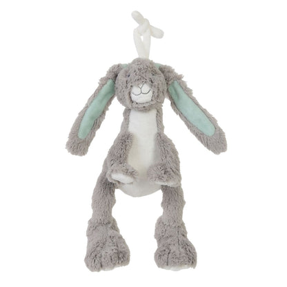 Happy Horse Rabbit Twine grey plush activity toy with mint green ears and a white hanging tie against a white background.