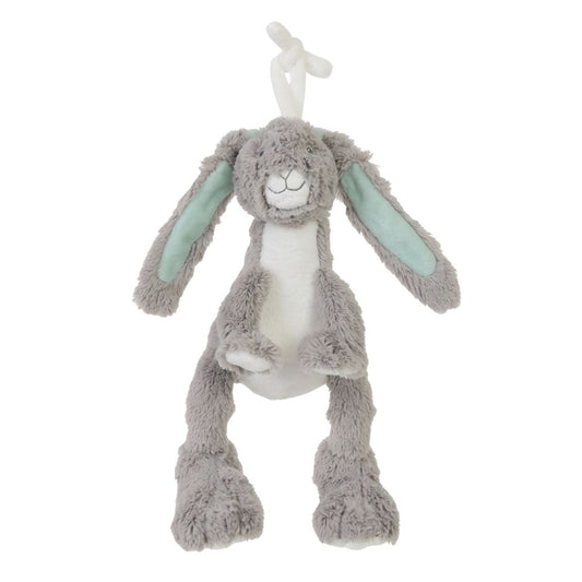 Happy Horse Rabbit Twine grey plush activity toy with mint green ears and a white hanging tie against a white background.